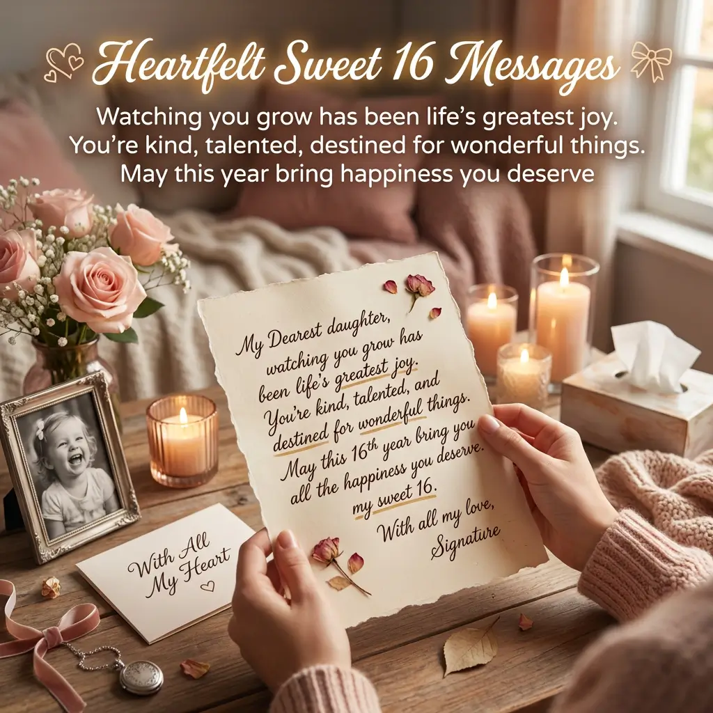 Hands hold a deckled-edge card with heartfelt Sweet 16 messages and dried rose petals on a rustic table. Warm candlelight and soft pink roses create a cozy atmosphere, accented by a sentimental framed childhood photo in a gentle, diffused glow.