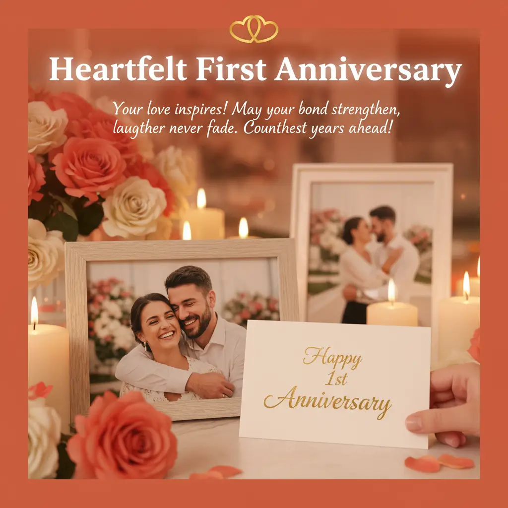 A hand holds a gold-lettered card sharing 1st wedding anniversary wishes amidst glowing wax candles, velvety peach roses, and a framed photo of an embracing couple. Warm, diffused candlelight bathes the romantic tabletop.