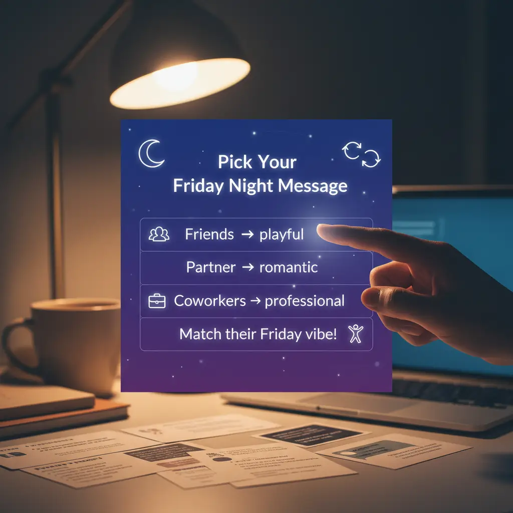 A hand selects a playful Friday night message from a glowing blue interface. Bathed in warm lamp light on a cozy desk, this AI message generator helps users match their weekend vibe for friends, partners, or coworkers.
