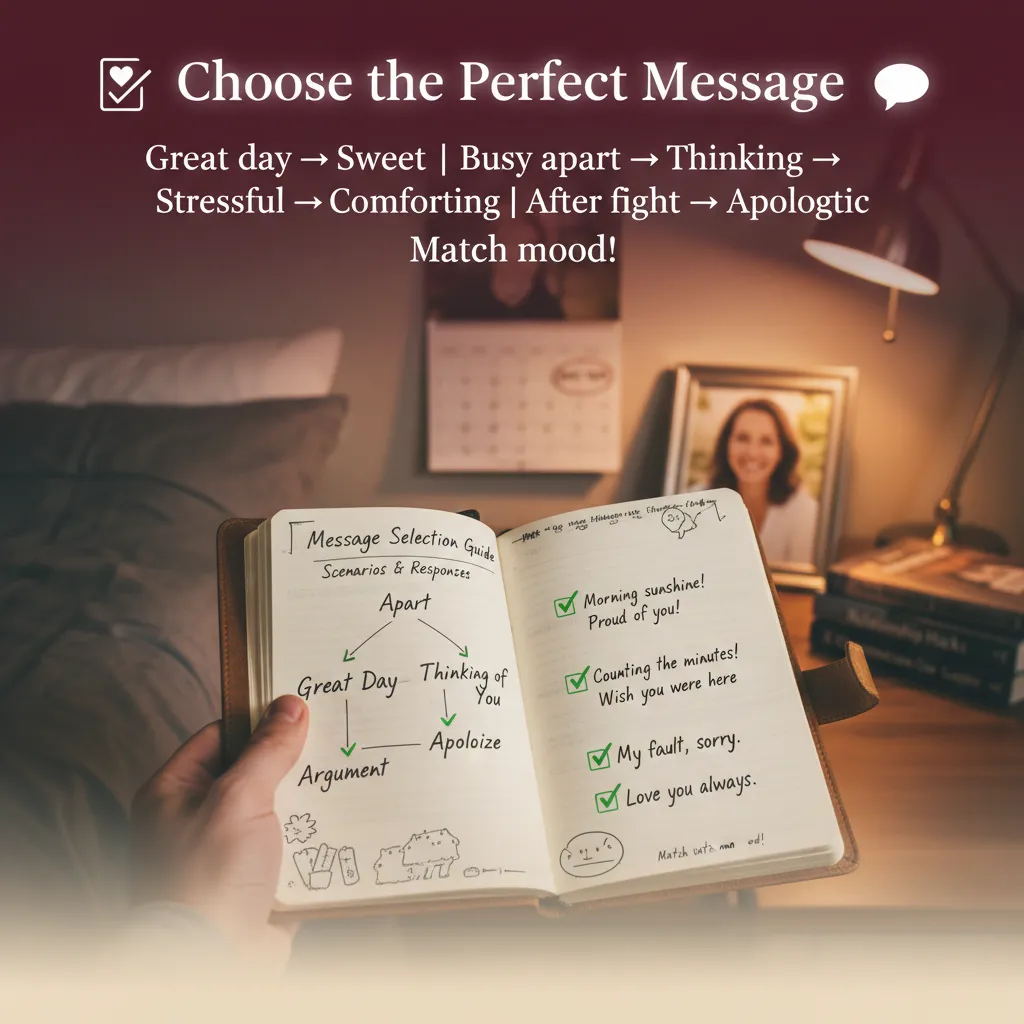 A hand holds an open leather-bound notebook displaying a relationship message guide on a bedside table. Warm, soft lamp light illuminates handwritten romantic communication tips and sweet notes, set against a cozy, dimly lit bedroom background with a framed portrait and soft bedding.