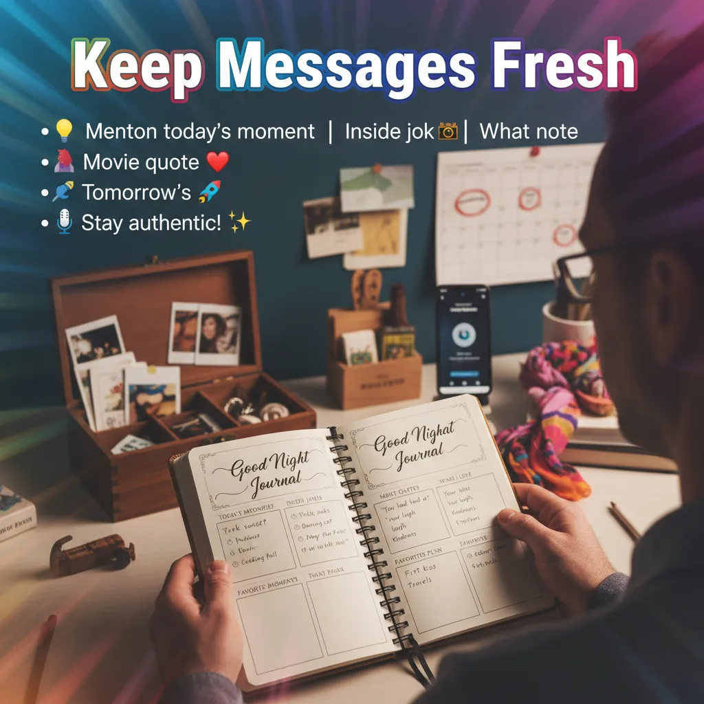 A person holds an open spiral-bound Good Night Journal at a cluttered desk under soft, colorful light leaks. The scene features a wooden memory box and a smartphone, illustrating creative message ideas and personal journaling practices in a warm, cozy atmosphere.