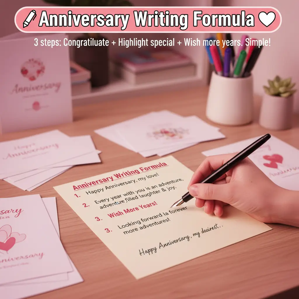A hand uses a glossy black fountain pen to draft 1st wedding anniversary wishes on smooth cream paper resting atop a light wooden desk. Bathed in soft, warm lighting, the workspace is surrounded by scattered pastel pink greeting cards and a matte white ceramic pen holder.