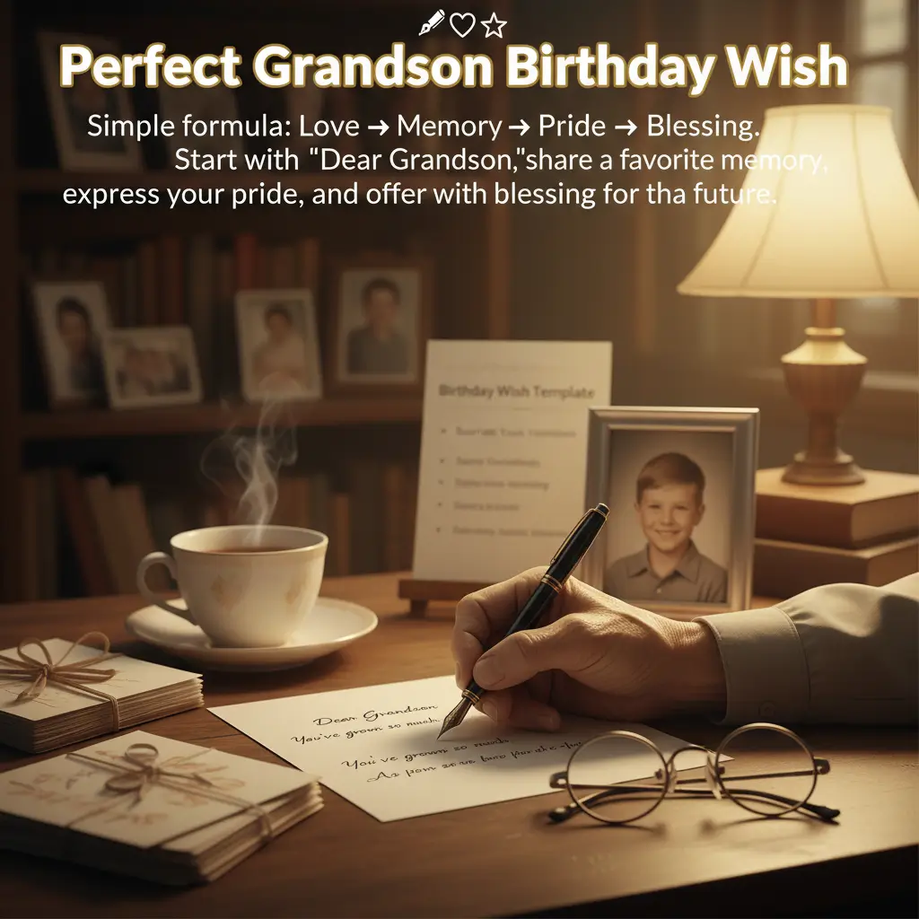 Writing a heartfelt grandson birthday wish with a fountain pen on cream paper. This polished wooden desk holds a steaming ceramic cup and round glasses under the warm, golden glow of a lamp, surrounded by nostalgic photos.