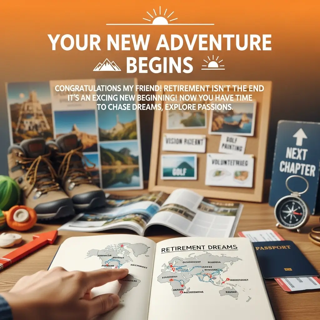 A hand points to a world map in a "Retirement Dreams" journal, surrounded by rugged brown hiking boots and a navy passport. Warm, golden-hour light glows across the wooden desk, highlighting the textured gear for an inspiring retirement travel adventure.