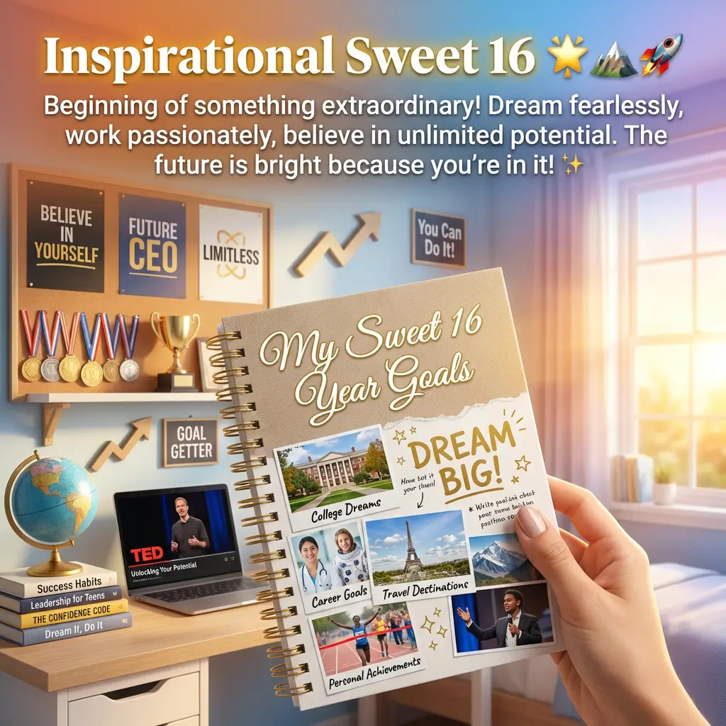 A hand holds a gold-spiraled "My Sweet 16 Year Goals" notebook in a sun-drenched room. This teen vision board is surrounded by motivational posters and a desk bathed in warm golden light to inspire ambitious goal setting.