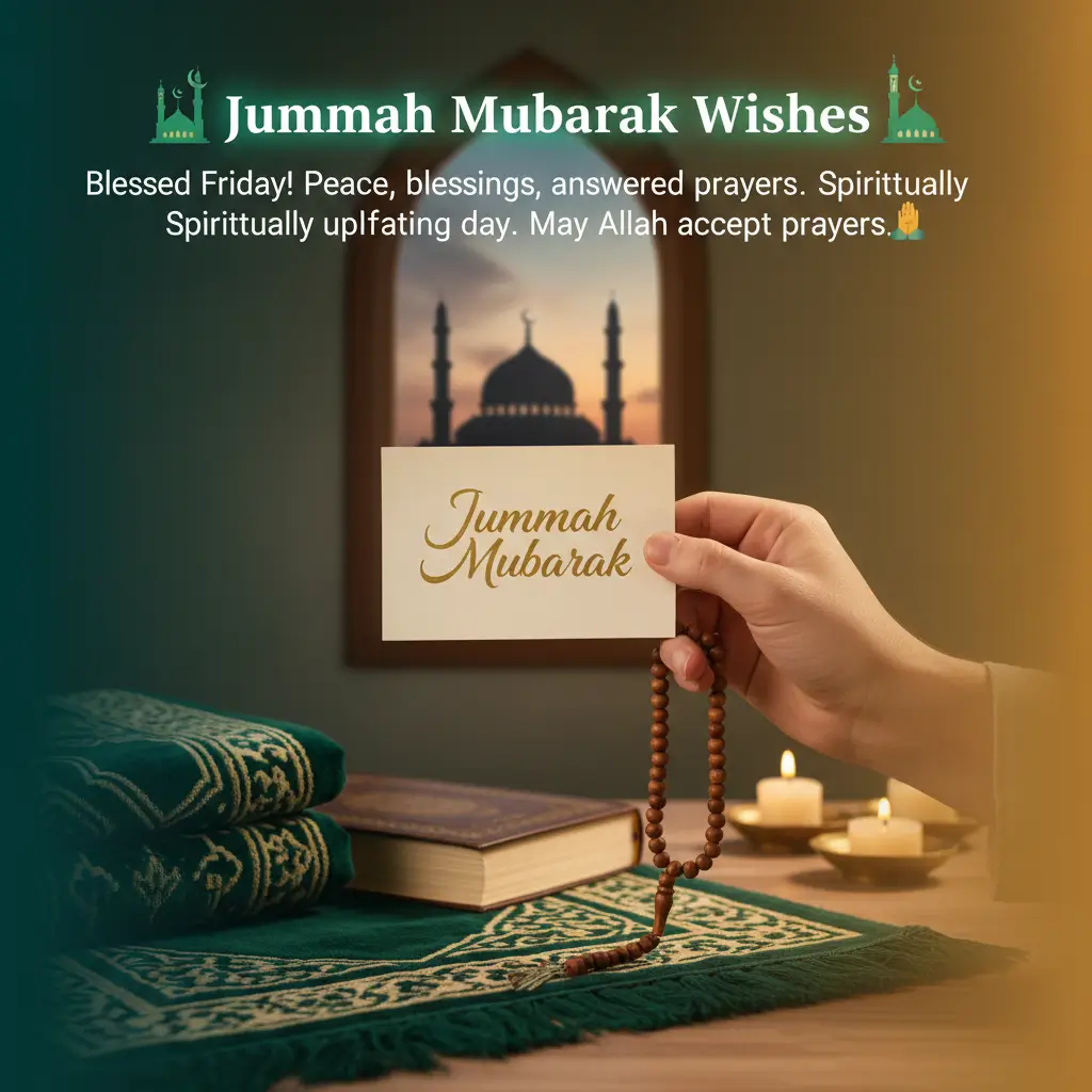 A hand holds a Jummah Mubarak card and wooden prayer beads above a plush green prayer mat and book. Warm candlelight and a mosque silhouette create a serene atmosphere, perfect for sharing heartfelt good morning Friday wishes and spiritual blessings.