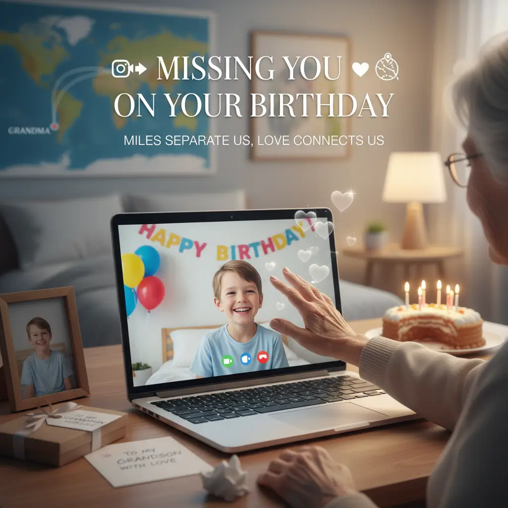 A grandmother in a soft sweater enjoys a virtual birthday call with her grandson, reaching toward the laptop screen. A lit cake and gift rest on a wooden table, capturing a cozy long-distance birthday celebration in soft, warm light.