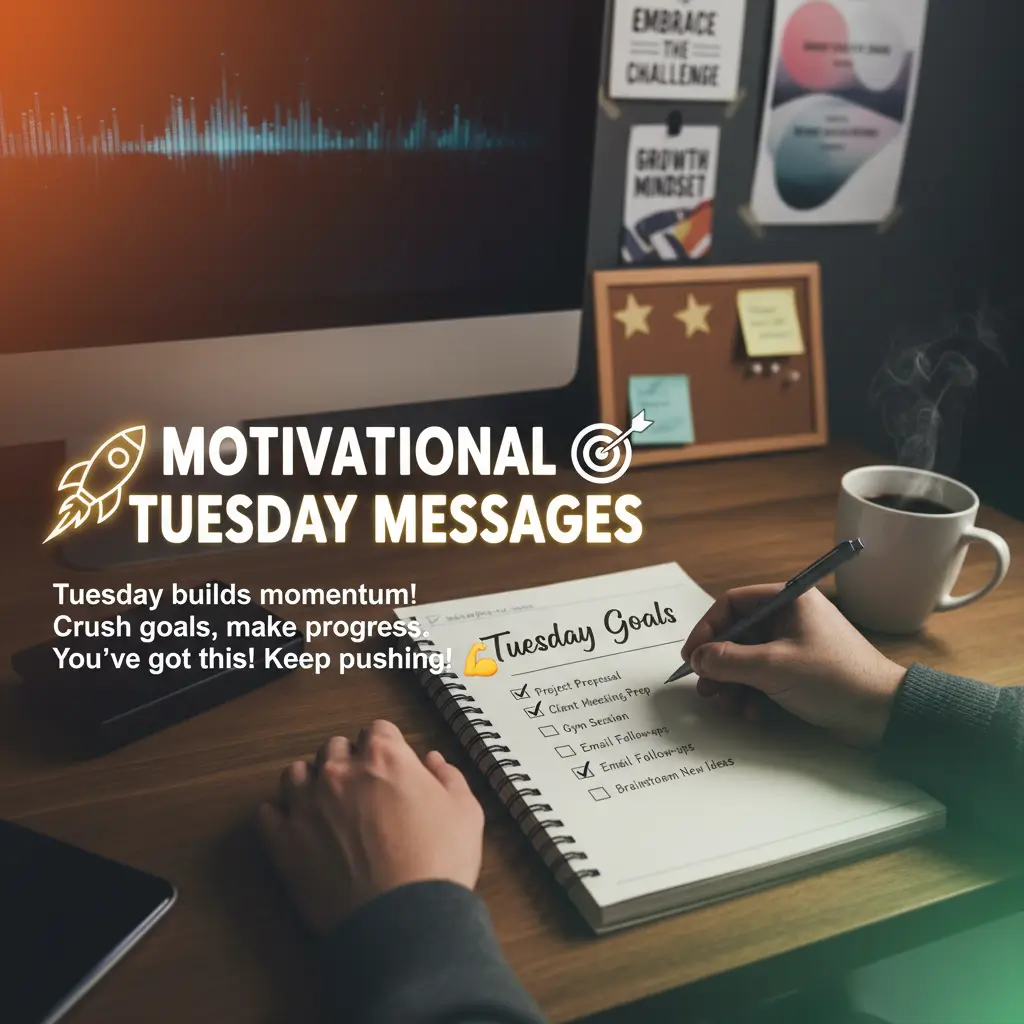 A person checks off a "Tuesday Goals" checklist in a spiral notebook on a dark wooden desk. A steaming white mug and motivational posters create an inspiring workspace under soft, ambient lighting featuring the text "Motivational Tuesday messages.