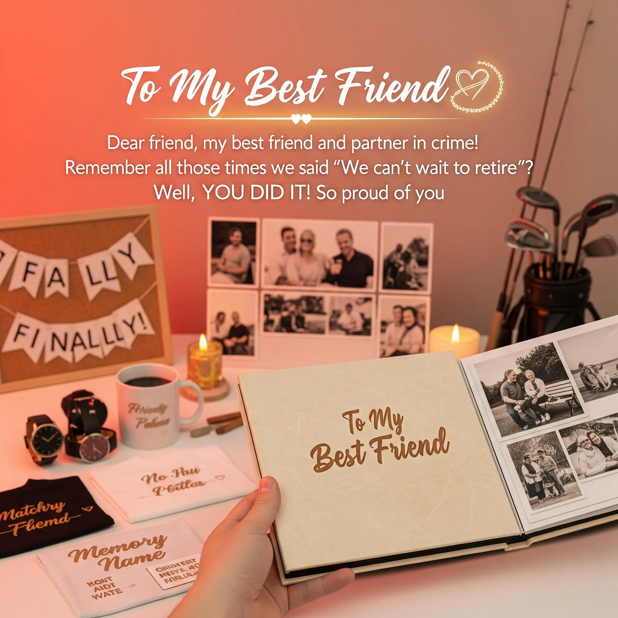 A hand holds a personalized retirement memory book titled "To My Best Friend" in gold. Set under warm candle lighting with golf clubs and nostalgic photos, this cozy scene depicts a sentimental best friend retirement gift.