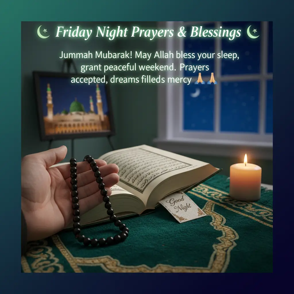 An open Quran rests on a textured green prayer rug beside a glowing candle and black prayer beads, creating a peaceful setting for Friday night prayers and Jummah Mubarak blessings under a soft, warm ambient light.