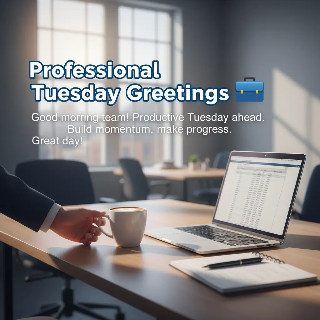 Professional Tuesday greetings text overlays a hand reaching for a white ceramic mug on a wooden desk. Bright morning sunlight illuminates this productive workspace, featuring a laptop and notebook against soft-focus office tones.
