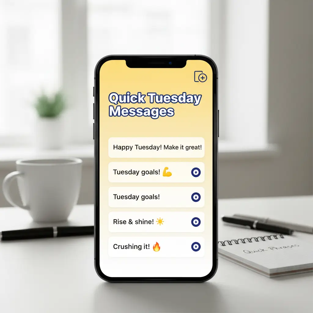 A sleek smartphone displays Tuesday morning motivation messages on a warm yellow screen atop a minimalist white desk. It sits beside a ceramic mug and spiral notebook under soft, diffused daylight, capturing a bright, productive workspace.