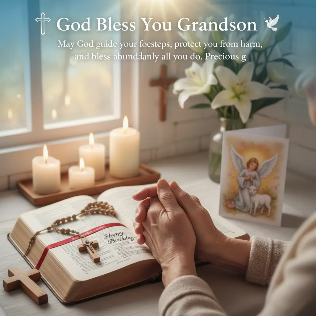 Clasped hands pray over an open Bible and rosary for a religious birthday blessing for a grandson. Glowing candles and white lilies bask in soft window light, creating a peaceful spiritual atmosphere with warm wooden textures.