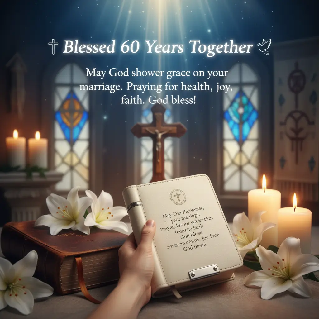A cream leather prayer book for a Christian 60th wedding anniversary, surrounded by white lilies and glowing candles. The peaceful church setting features stained glass and soft ethereal light beams, honoring a blessed marriage with warm, spiritual atmosphere.