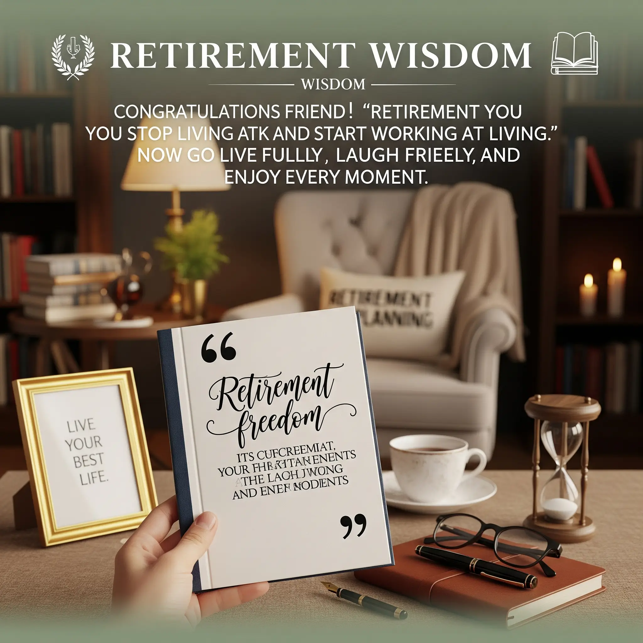 An inspirational retirement quote book held in a cozy, candlelit study. Soft ambient light glows over a desk with a leather journal and hourglass, capturing the peaceful essence of retirement planning among warm wood textures and classic bookshelves.