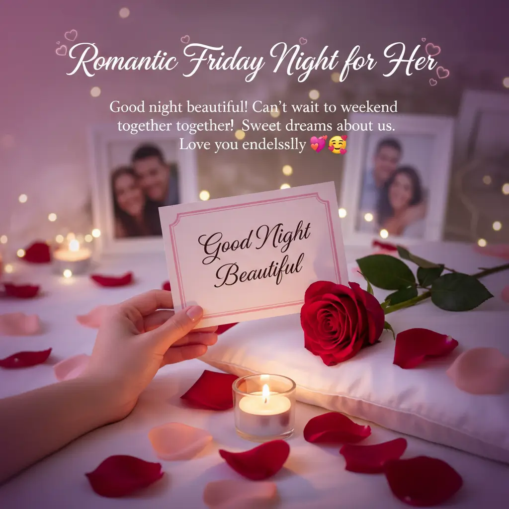 A hand holds a romantic good night message card beside a velvety red rose and glowing candle on a soft pillow. Scattered petals and twinkling lights create a warm, intimate atmosphere with blurred couple photos in the background.