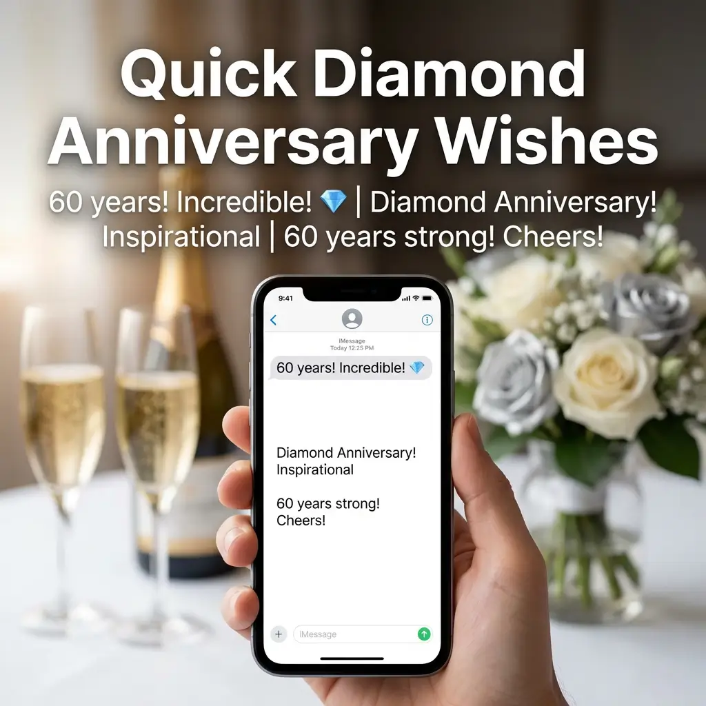 A hand holds a smartphone showing diamond anniversary wishes over a celebratory table with bubbly champagne flutes and elegant silver and white roses, all captured in soft, bright light for a 60th wedding anniversary.