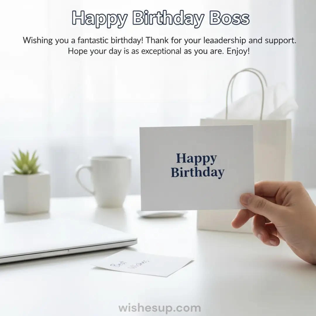 A hand holds a crisp happy birthday boss card over a minimalist desk with a sleek laptop and mug. Soft natural light fills the professional office, highlighting clean white textures and navy blue typography in an elegant scene. 