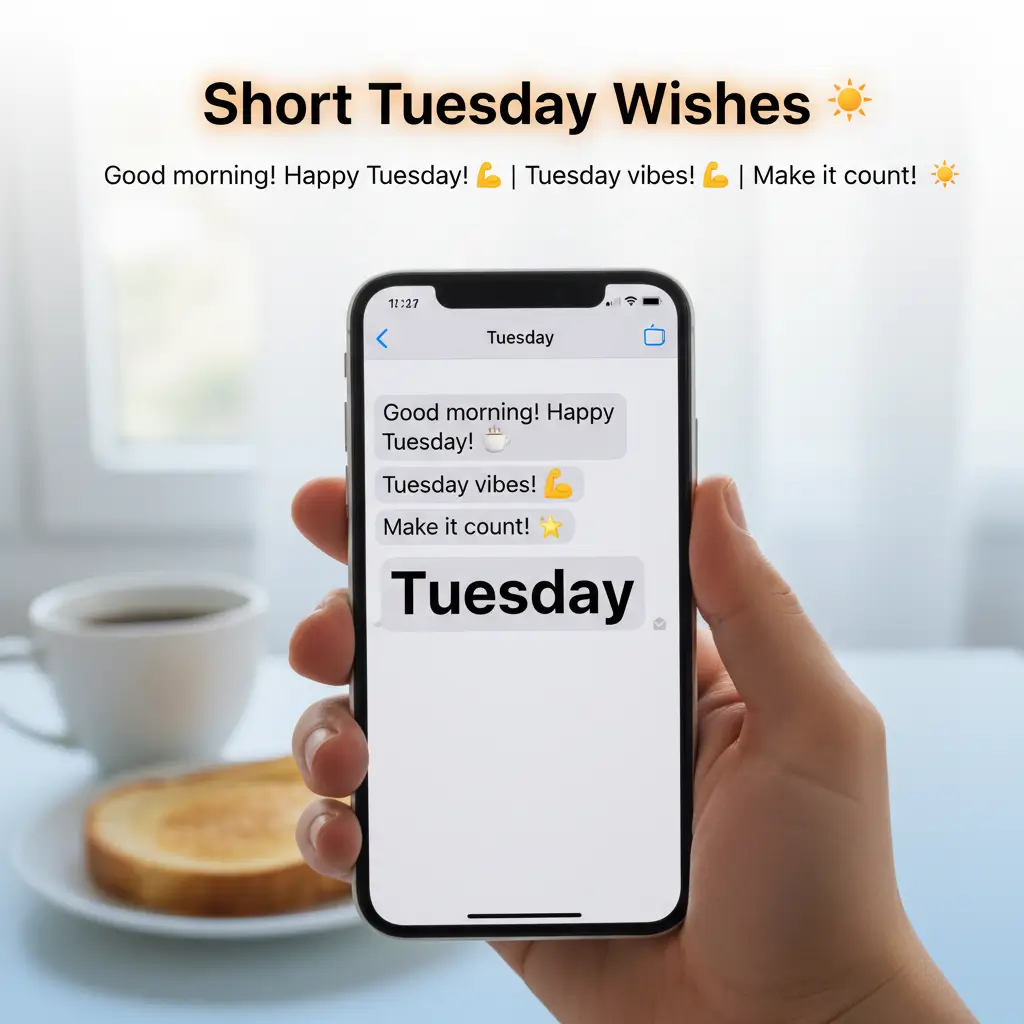 A hand holds a smartphone displaying short Tuesday wishes in a text thread, set against a bright morning background with a white ceramic coffee cup and golden toast bathed in soft, diffused sunlight.