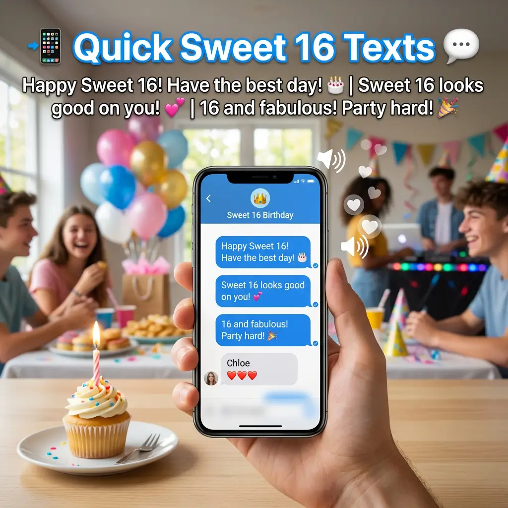 A smartphone displays festive Sweet 16 birthday messages against a blurred party backdrop with colorful balloons. A frosted vanilla cupcake with a lit candle sits on a wooden table, bathed in bright, celebratory natural light.