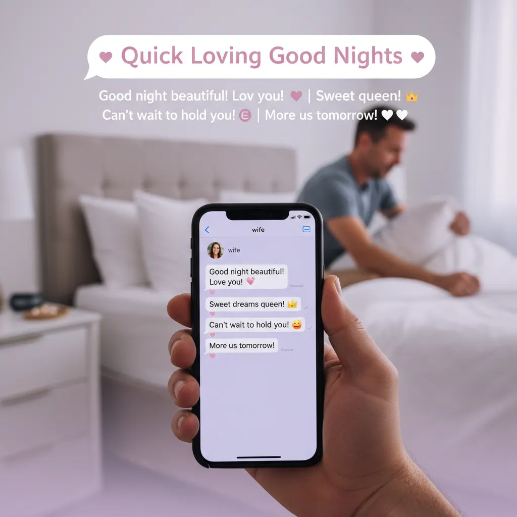 A hand holds a smartphone displaying romantic good night text messages in an intimate bedroom setting. In the soft-focus background, a man sits on a bed with crisp white linens under a gentle, diffused glow, creating a warm and peaceful atmosphere.