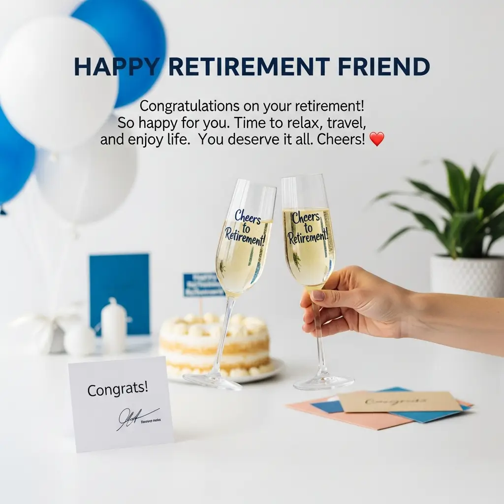 Two champagne flutes clink for a festive retirement celebration, surrounded by blue and white balloons, a frosted cake, and a signed card. This bright, airy scene features "Cheers to Retirement" glasses and golden bubbly champagne.