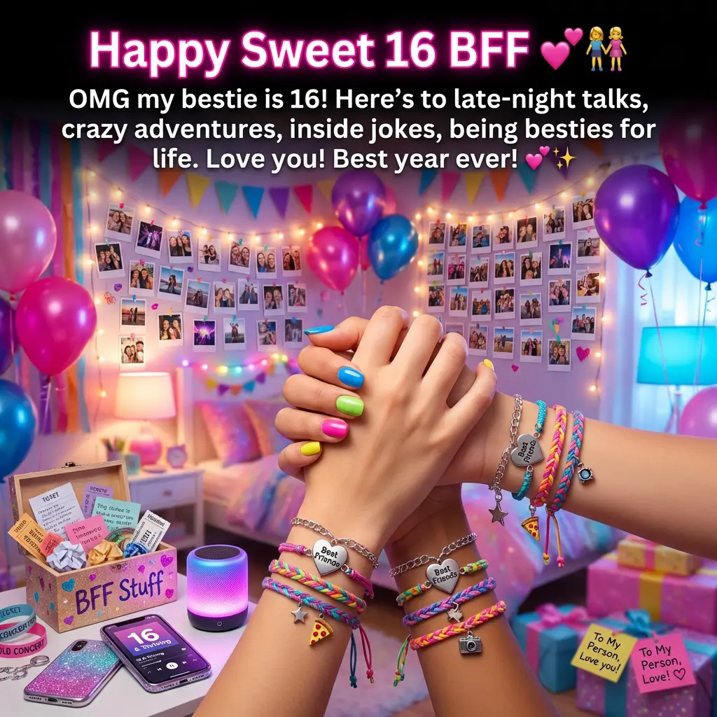 Three friends clasp hands wearing colorful BFF friendship bracelets for a Sweet 16 birthday party. The room glows with warm fairy lights and neon accents, surrounded by pink balloons, polaroid photos, and festive gifts in a nostalgic atmosphere.