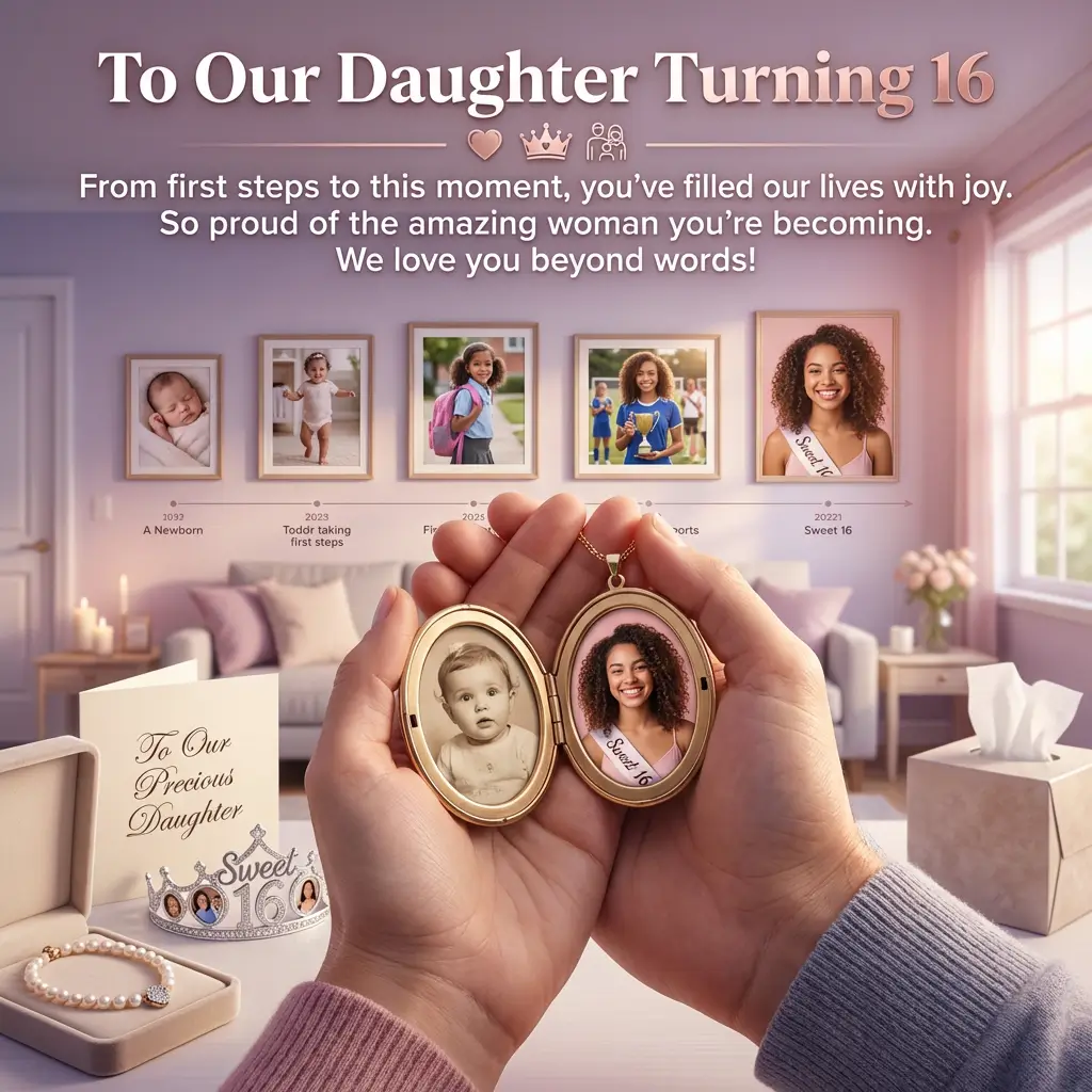 Hands cradle an open gold locket with baby and teenage photos, a sentimental Sweet 16 gift for a daughter. This soft lavender scene glows with warm light, showcasing a nostalgic wall of framed childhood memories.