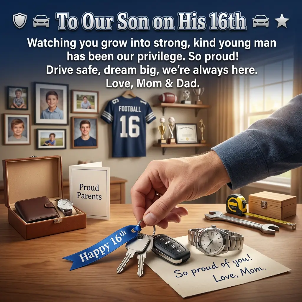 A hand holds new driver car keys with a blue Happy 16th ribbon over a sunlit wooden desk. This 16th birthday gift for a son features a brown leather wallet and silver watch, set against a background of nostalgic childhood photos and soft window light.