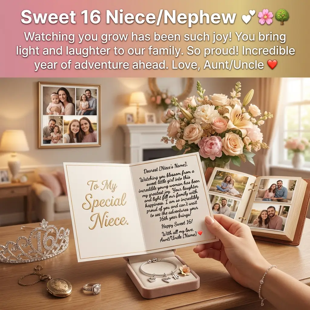 Elegant personalized Sweet 16 niece card held over a silver charm bracelet and sparkling tiara. This sentimental birthday scene features soft pink lilies and family photos, bathed in warm, diffused golden light on a rustic wooden table.