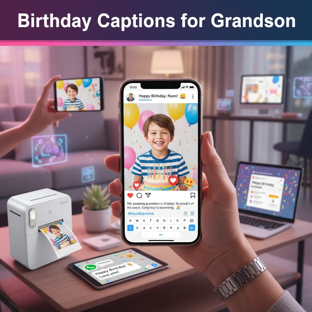 A hand holds a smartphone displaying a social media post with birthday captions for grandson. The vibrant screen features a smiling boy with balloons, set beside a compact white printer and glowing tablet under soft, purple ambient lighting.