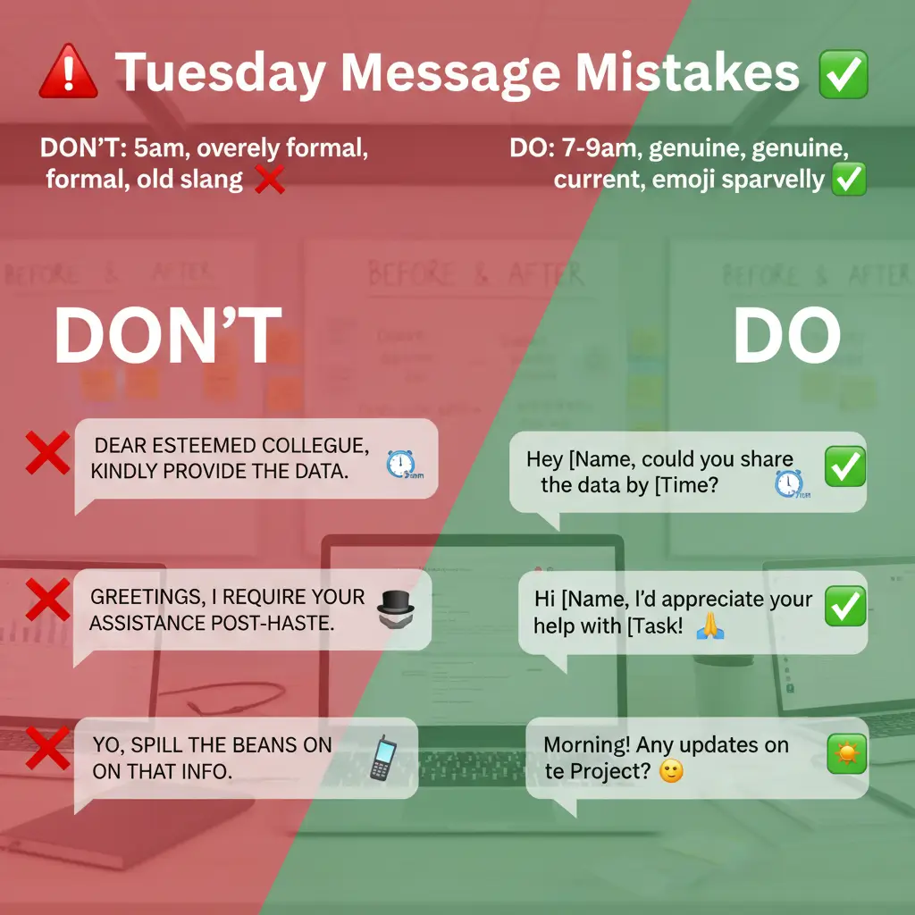 Vibrant red and green infographic highlighting professional communication tips and workplace messaging etiquette. The split-screen contrasts stiff, dated text with friendly, genuine message bubbles against a blurred office background under clean, bright digital lighting.