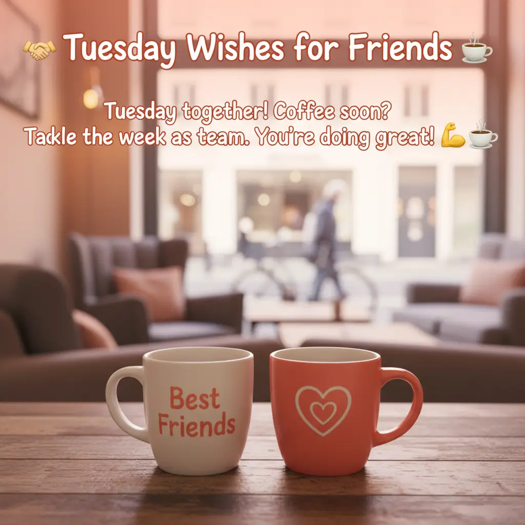 Inspirational Tuesday Wishes for Friends overlay two ceramic coffee mugs—one white with 'Best Friends' and one orange with a heart—resting on a rustic wooden table in a sun-drenched, cozy cafe setting with soft, warm lighting.