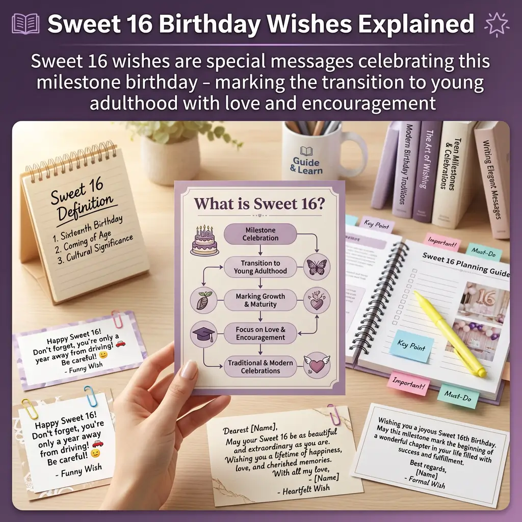 An infographic defining milestone traditions is held over a desk with a planning guide and sample Sweet 16 birthday wishes. Soft, diffused light highlights pastel purple stationery and textured paper, creating a warm, organized atmosphere for birthday planning.