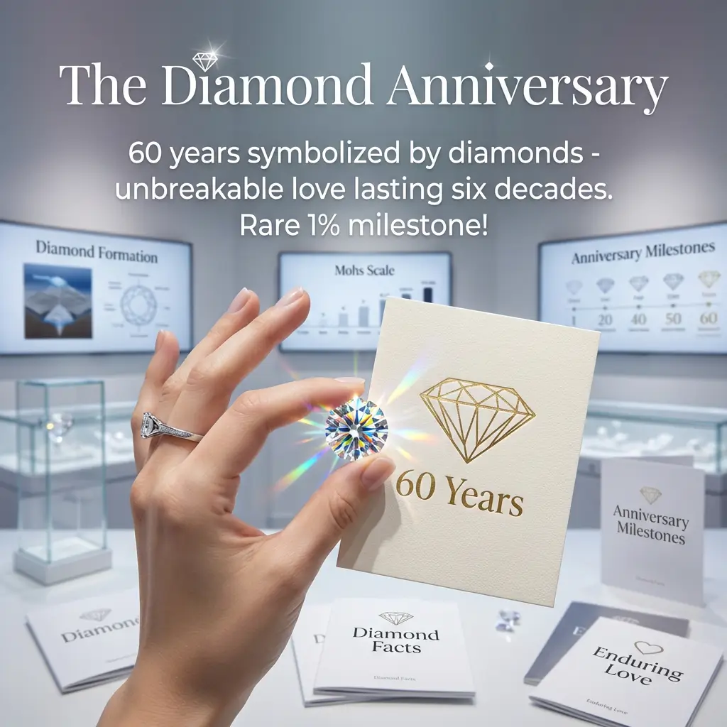 A hand holds a sparkling brilliant-cut diamond reflecting prismatic light against a gold-foiled 60th anniversary card. This bright jewelry gallery highlights elegant textures and the rare milestone of a diamond anniversary.