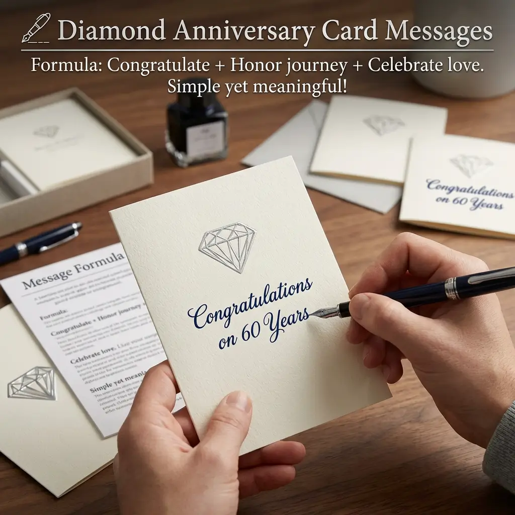 Hands write a diamond anniversary card message with a fountain pen on textured cream paper. This elegant 60th anniversary scene features silver embossing and navy script on a warm wooden desk under soft, natural light.