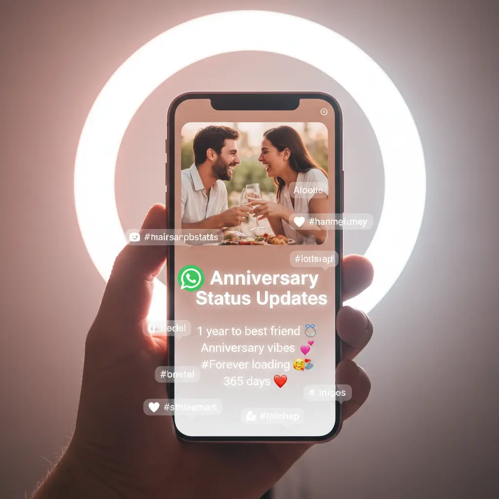 A hand holds a glossy smartphone displaying romantic WhatsApp anniversary status updates of a toasting couple. The crisp white text contrasts beautifully against the soft, warm halo of a bright circular ring light.