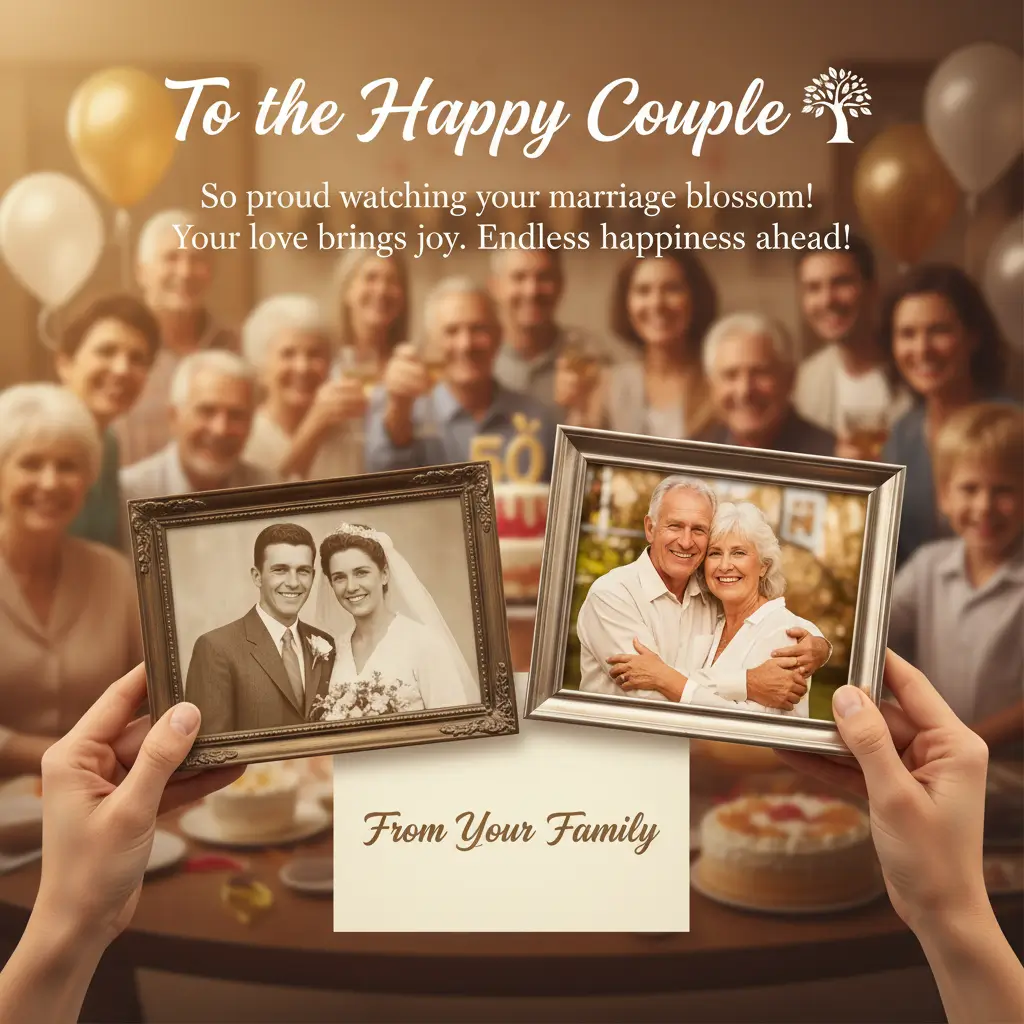 Hands hold a vintage sepia wedding portrait and a modern silver-framed photo of an older couple above a crisp white card. A warm, golden-lit blurred background of a celebrating family beautifully conveys heartfelt wedding anniversary wishes.