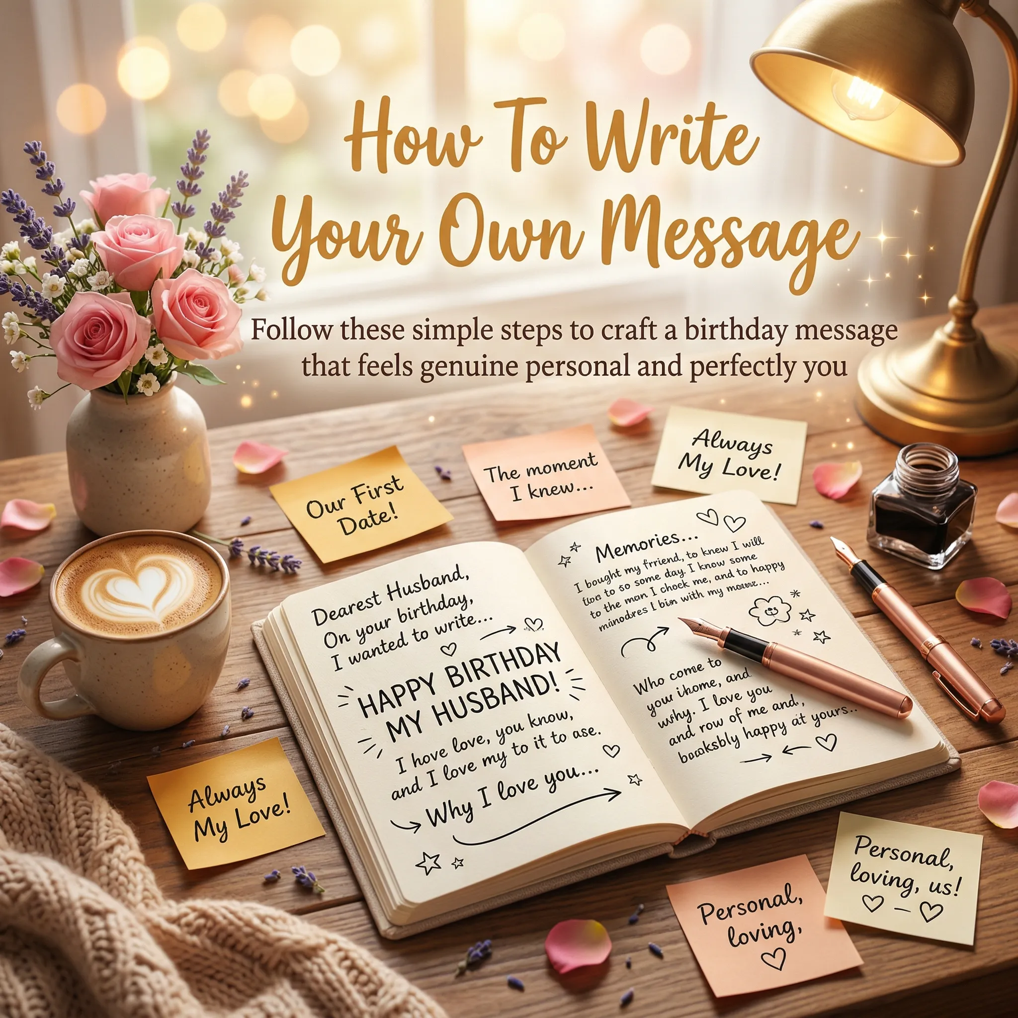 A handwritten birthday message for a husband in an open journal rests on a wooden desk beside a rose gold pen and pink roses. Warm lamp light illuminates the scene, highlighting a heart-art latte and romantic notes.