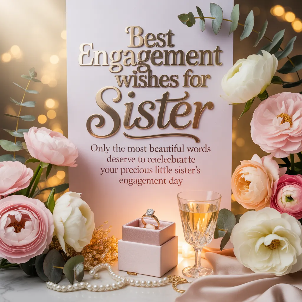 Elegant engagement wishes for sister card surrounded by soft pink peonies. A sparkling diamond engagement ring in a pink velvet box sits beside a crystal champagne glass under warm, golden bokeh lighting and smooth silk textures.