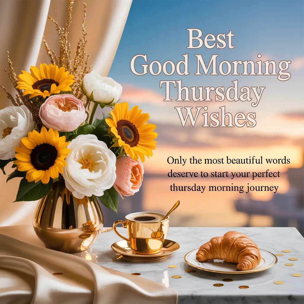 Vibrant sunflowers and roses in a gold vase sit beside a flaky croissant and coffee on a marble table. Bathed in a warm sunrise, this elegant scene beautifully captures the essence of Good Morning Thursday Wishes.