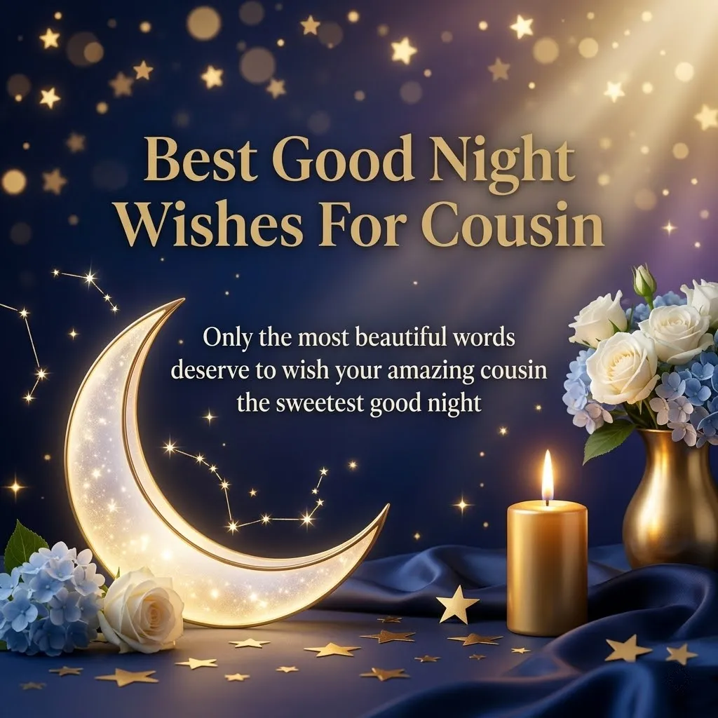 A glowing crescent moon and a lit gold candle rest on silky blue fabric, surrounded by white roses and blue hydrangeas. This serene scene features good night wishes for cousin against a starry midnight sky illuminated by soft golden light and shimmering bokeh.