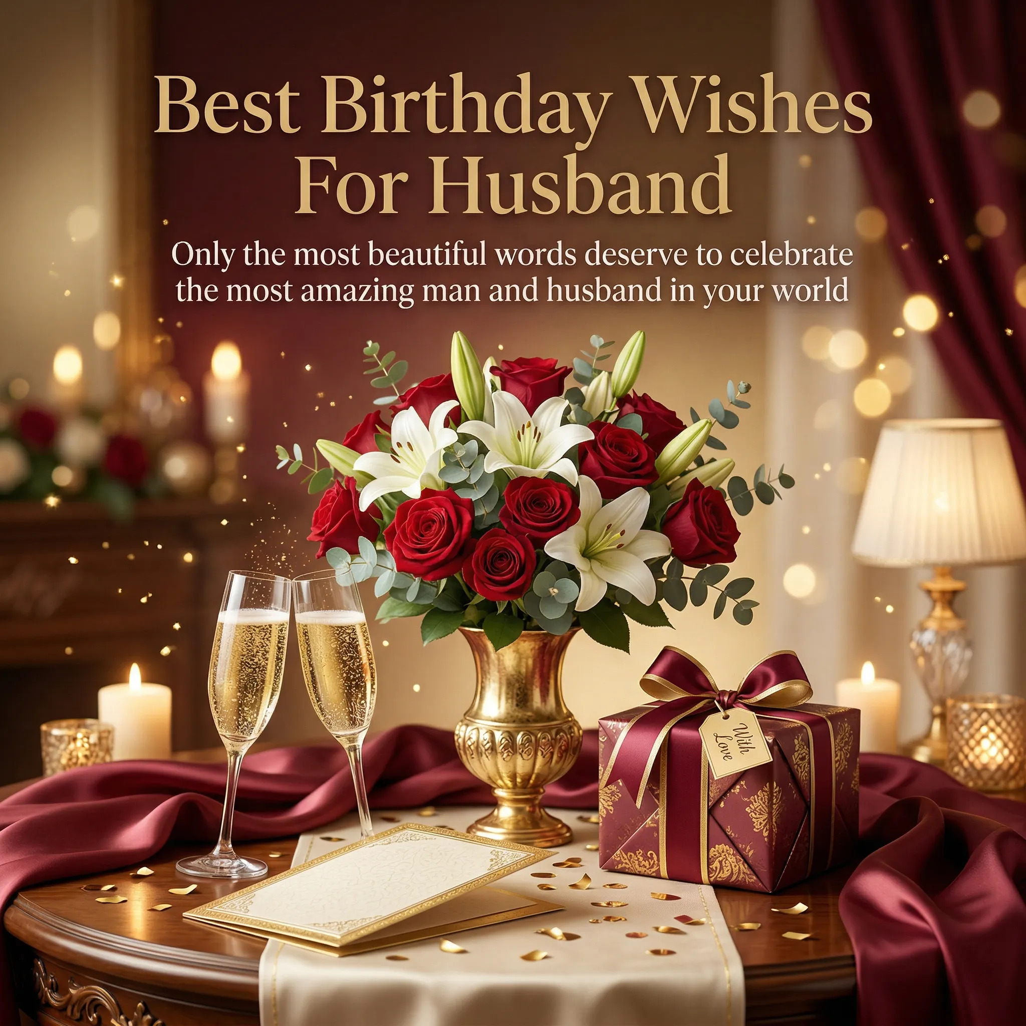 Elegant birthday wishes for husband display featuring a lush bouquet of red roses and white lilies in a gold vase, accompanied by champagne flutes for a romantic birthday celebration under warm, sparkling light on burgundy silk.