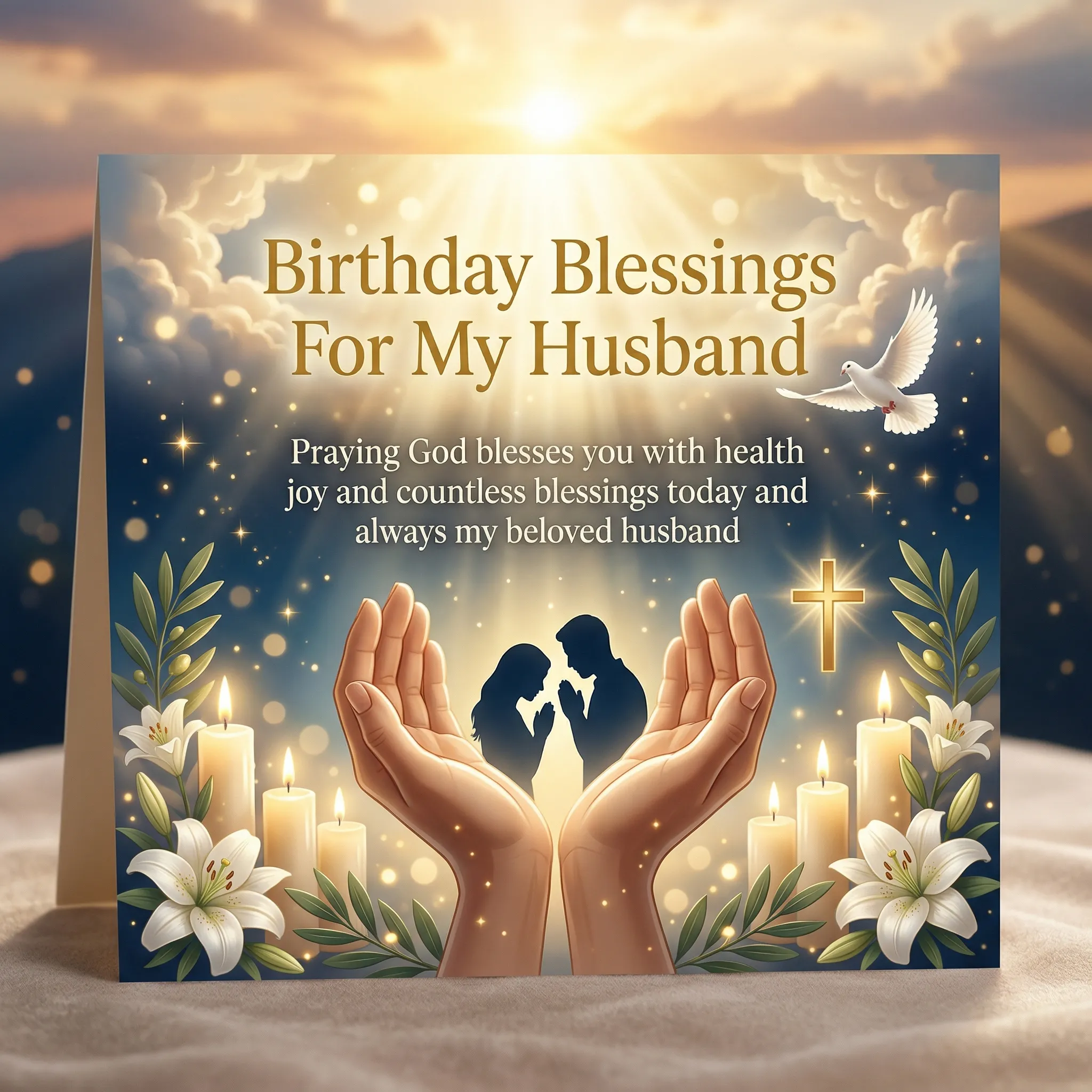 A religious birthday card featuring husband birthday blessings with a silhouette of a praying couple. Surrounded by lilies and candles, the scene is bathed in heavenly light with a soaring white dove and a golden cross.