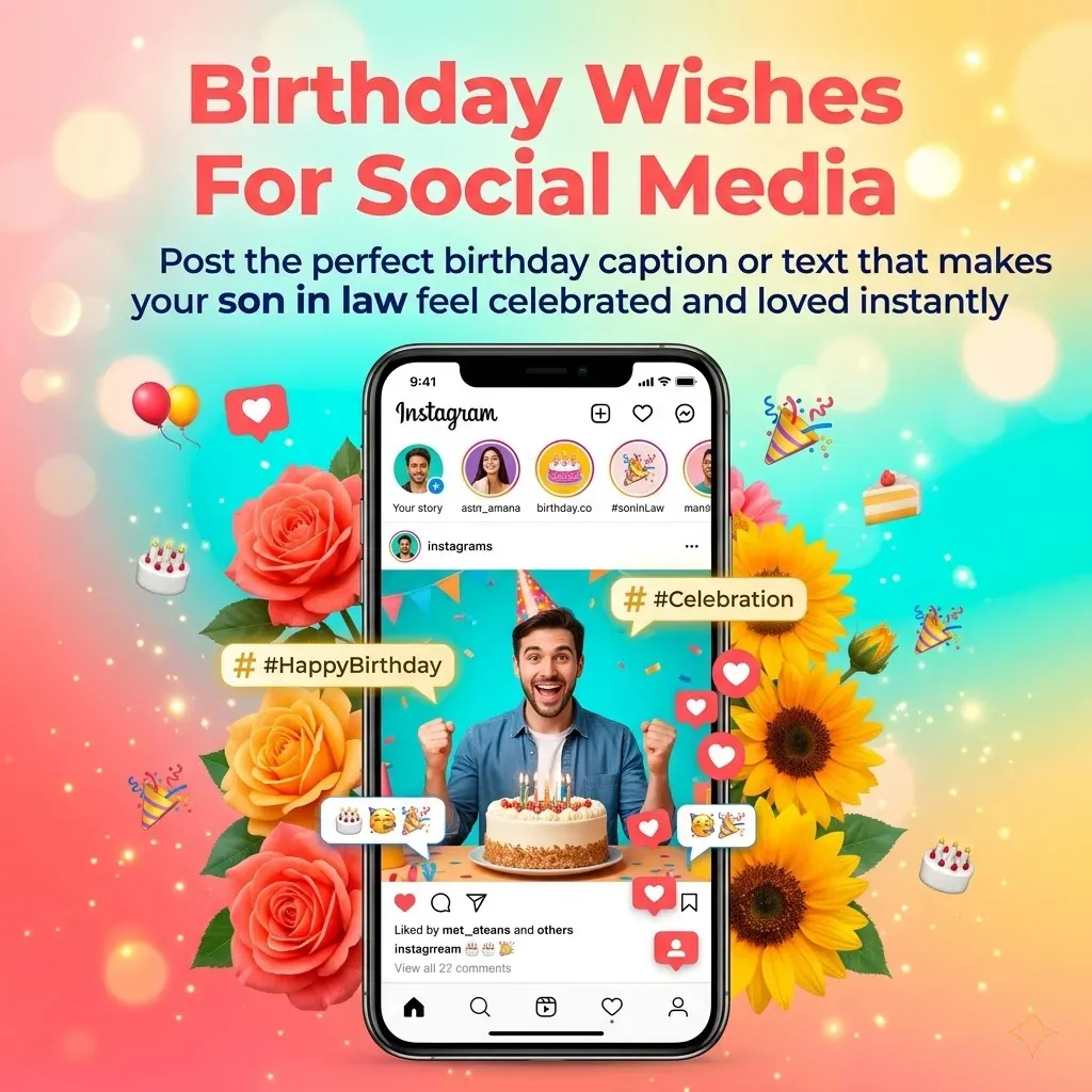 Vibrant graphic featuring a smartphone displaying birthday wishes for a son in law, framed by lush orange roses and bright sunflowers under a warm, sparkling bokeh glow with festive party icons.