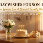 Elegant birthday wishes for son-in-law displayed over a sun-drenched scene featuring a white frosted cake with lit gold candles, a wrapped gift, and fresh white roses on a wooden table, bathed in soft, warm afternoon light.