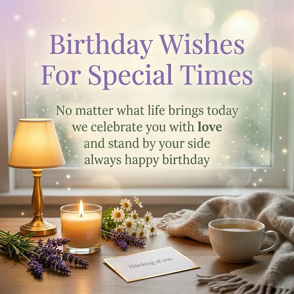 Warm light glows over a steaming mug, lit candle, and lavender on a wooden table. This serene scene features heartfelt birthday wishes for a son in law, set against a soft bokeh background for a comforting atmosphere.