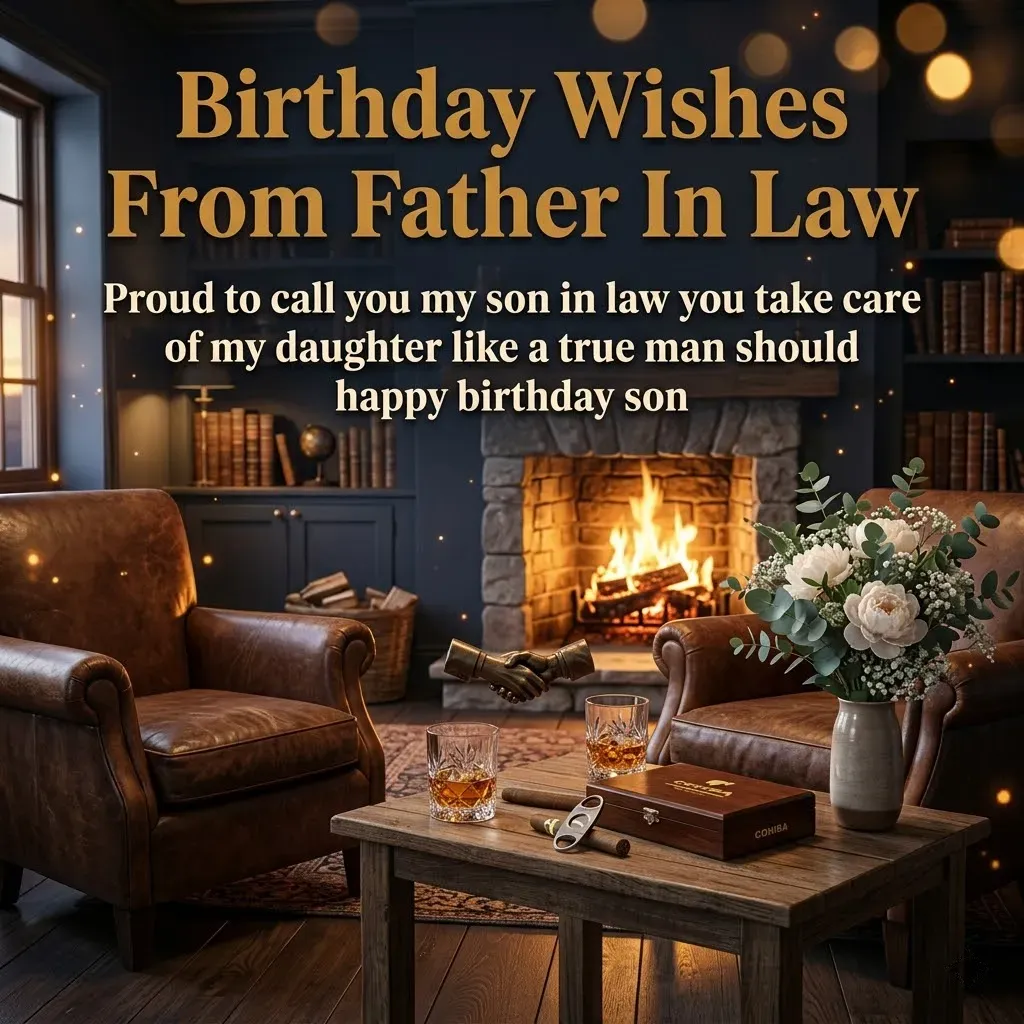 Sophisticated birthday wishes for a son in law displayed over a cozy study featuring brown leather armchairs and a roaring stone fireplace. Crystal whiskey glasses and a cigar box sit on a rustic wooden table, illuminated by warm ambient lighting and soft golden bokeh.