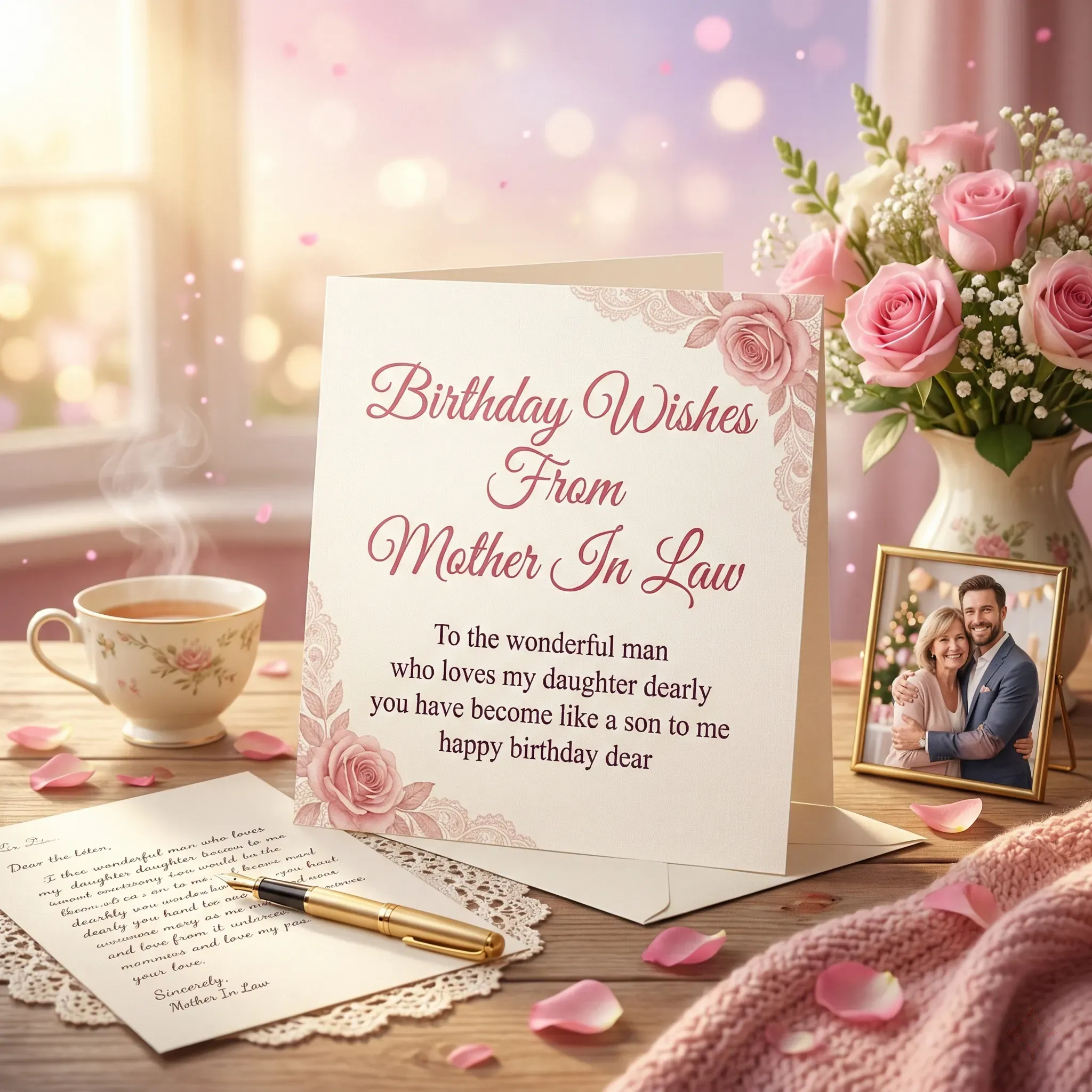 An elegant card with birthday wishes for a son in law from his mother in law rests on a rustic table. The scene features a steaming floral teacup, a gold pen, and fresh pink roses under soft, diffused window light.