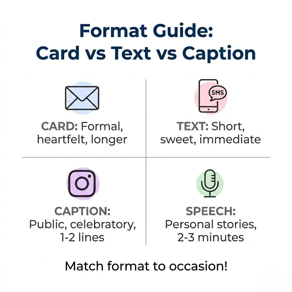 Clean infographic comparing communication formats for engagement wishes, featuring pastel icons for formal cards, texts, captions, and speeches. The white layout helps parents choose the perfect message style for celebrating their daughter's engagement.